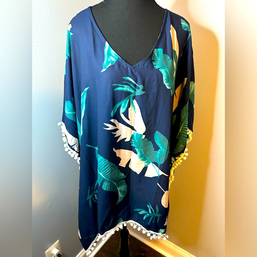 OS tasseled Blue Beach Coverup - Picture 1 of 3